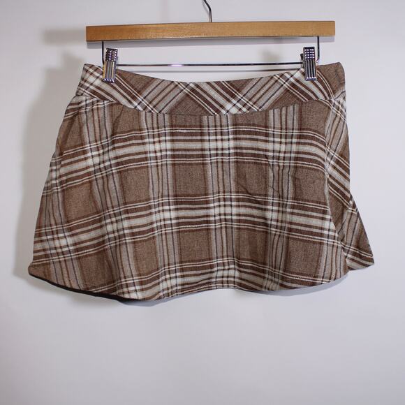 PAR ICI Brown Plaid Double Lined Mini Skirt Size L - Picture 1 of 4